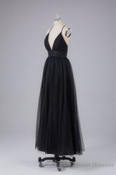 Elegant Tulle Spaghetti Straps Backless Floor Length Semi Formal Prom Dress